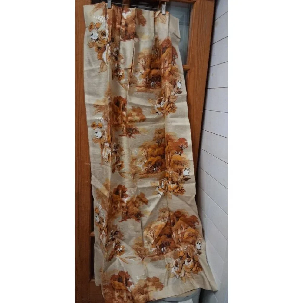 Two Vintage Autumn Landscape Curtain Panels With Cottage & Horse-Drawn Carriage